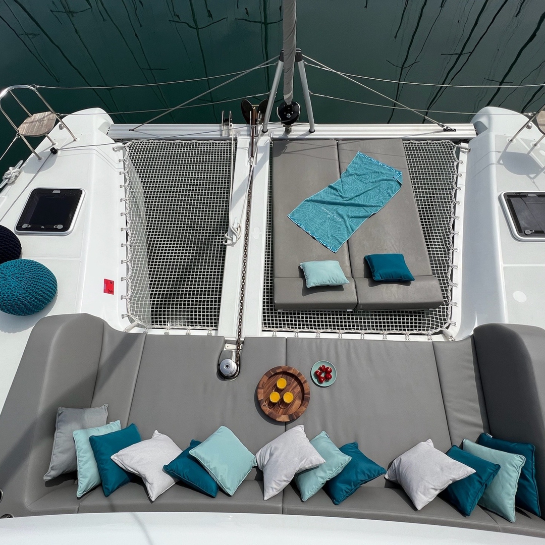 Lounging area on the front of our catamaran.